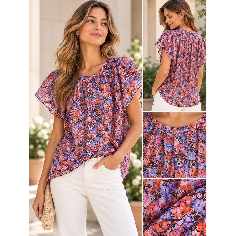 Rebecca Taylor Floral Silk Blouse Flutter Sleeve (MSRP: $295) Size 0